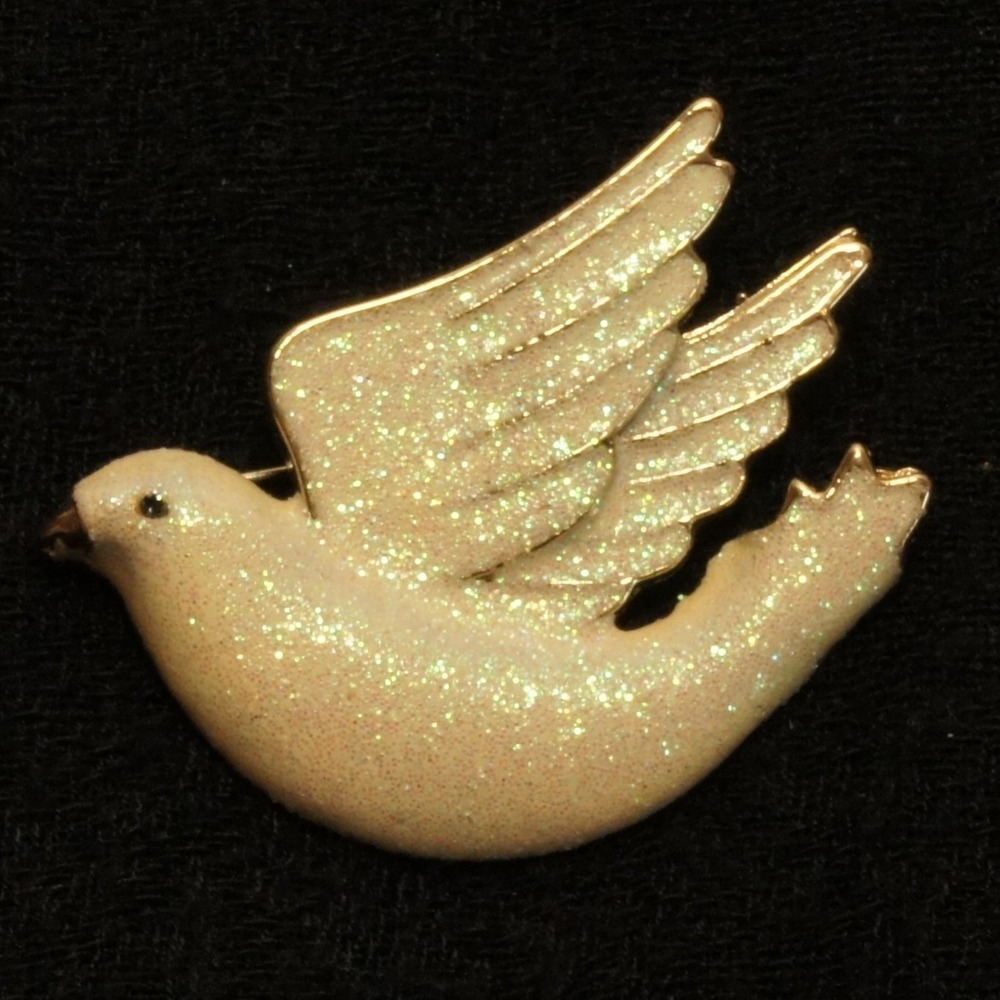 Vintage Dove Bird Brooch White Enamel Gold Tone Peace Pin‎